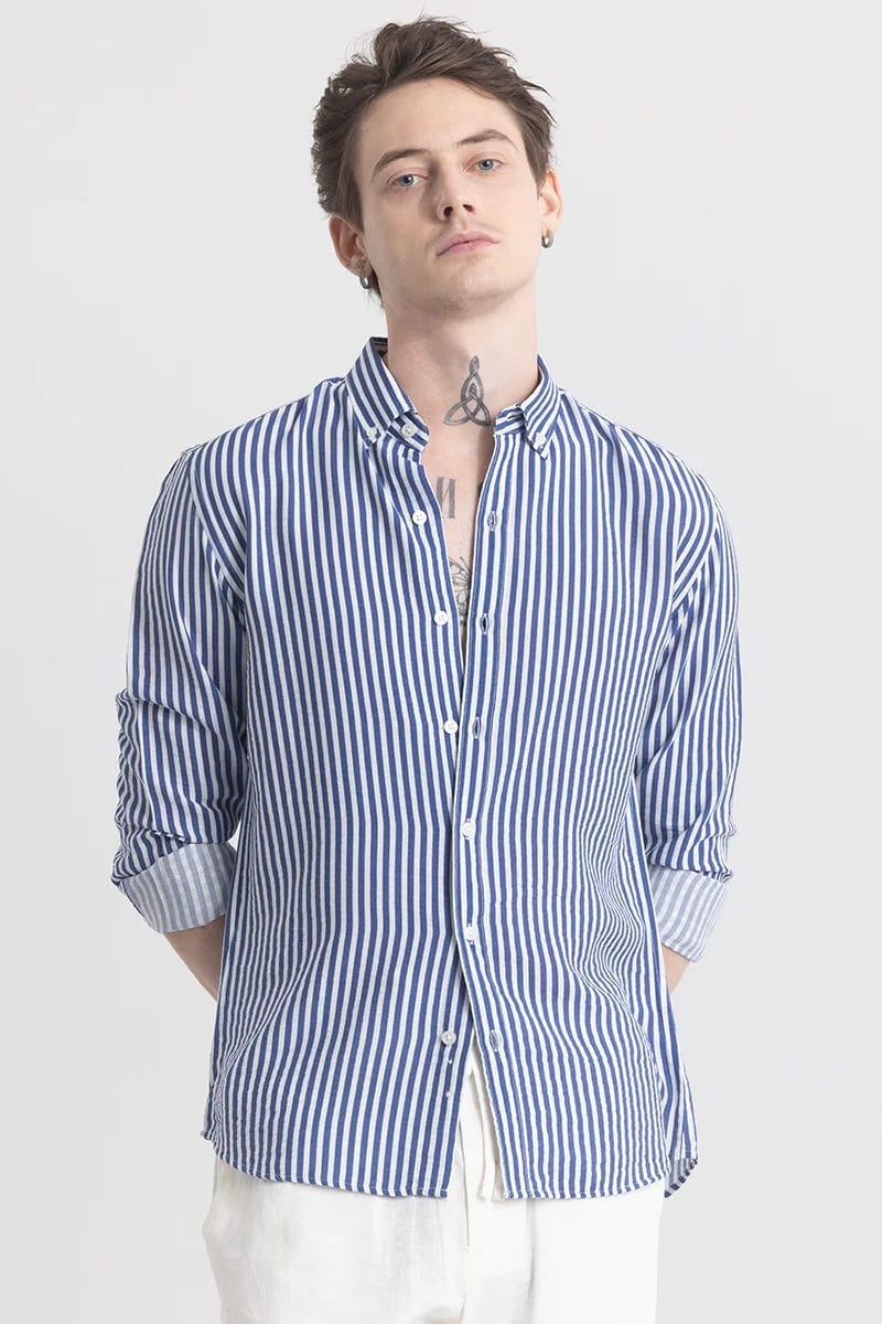 Men's Blue & White Vertical Striped Full Sleeve Shirt